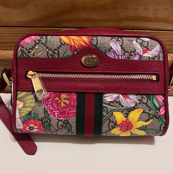 Gucci Ophidia Red Flora Small Camera Leather Canvas Flower Handbag Bag Italy - Picture 2 of 11